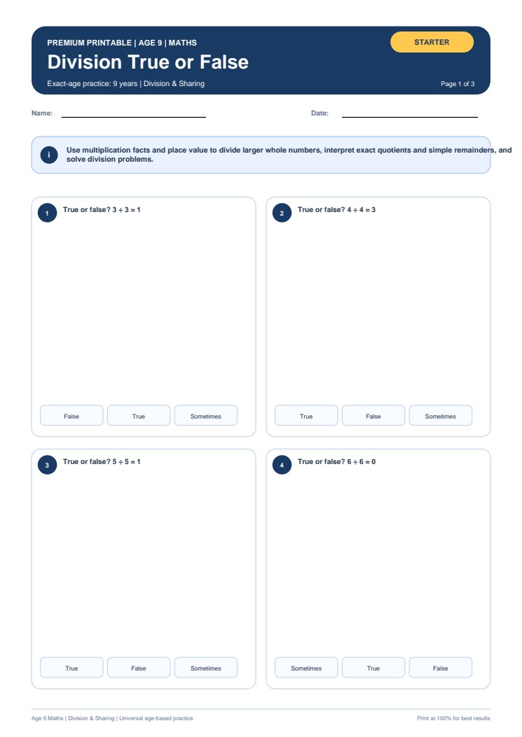 Division True or False worksheet preview