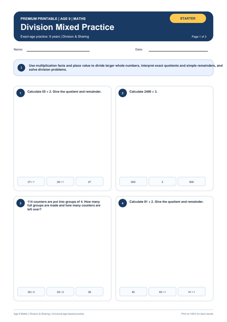 Division Mixed Practice worksheet preview