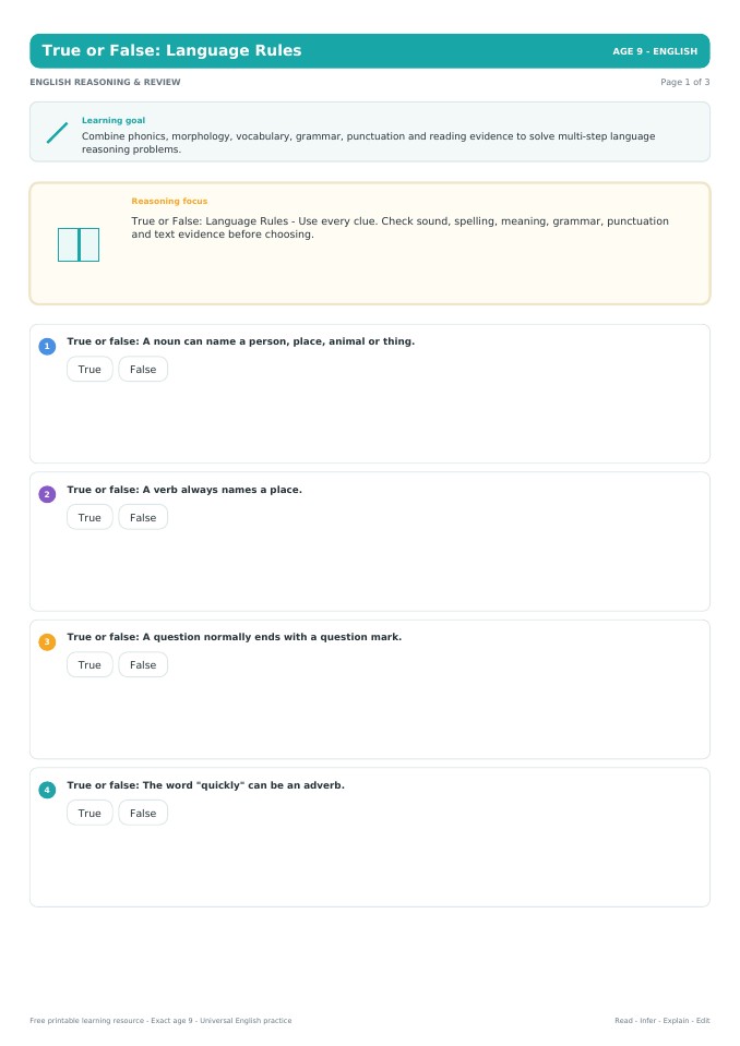 True or False: Language Rules worksheet preview