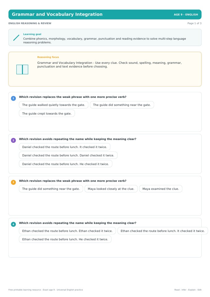 Grammar and Vocabulary Integration worksheet preview