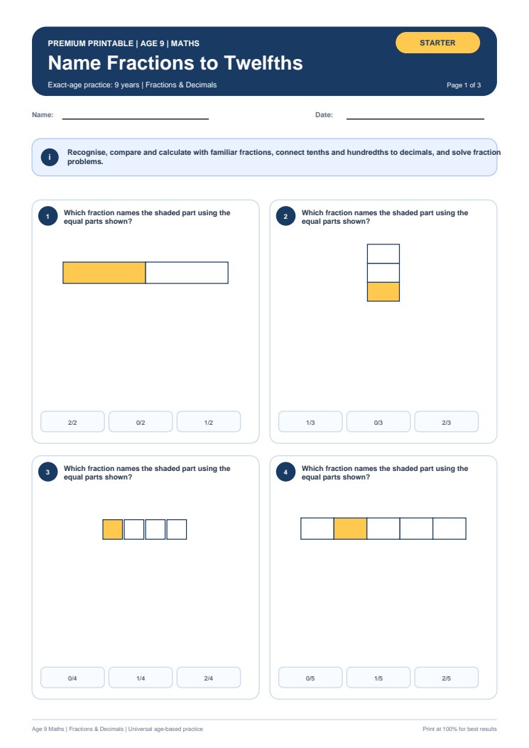 Name Fractions to Twelfths worksheet preview