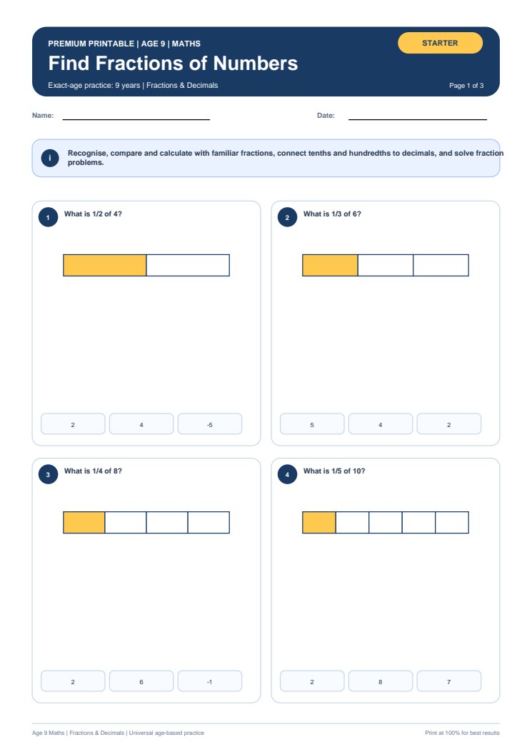 Find Fractions of Numbers worksheet preview