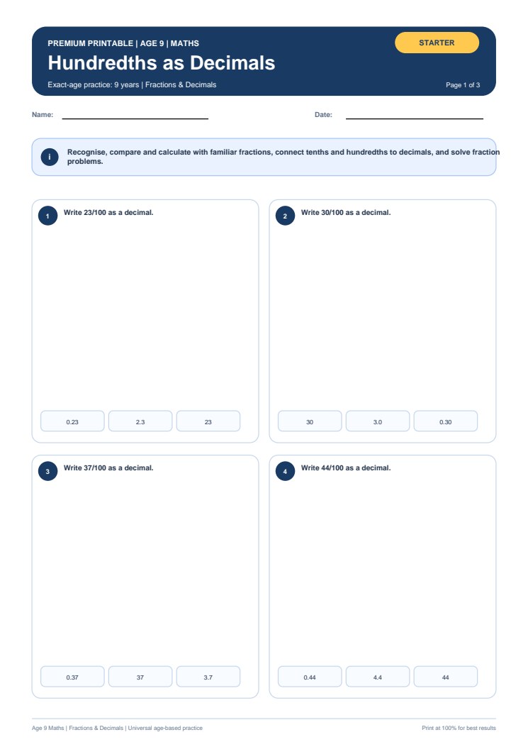 Hundredths as Decimals worksheet preview