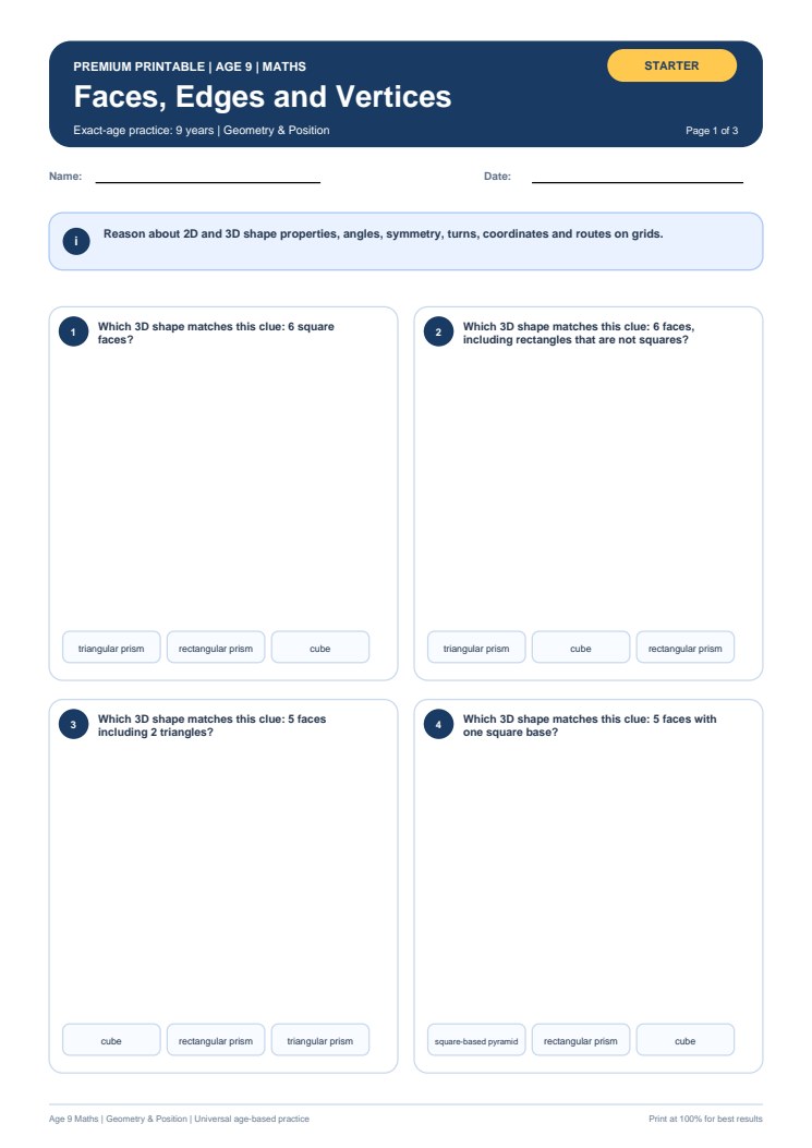 Faces, Edges and Vertices worksheet preview