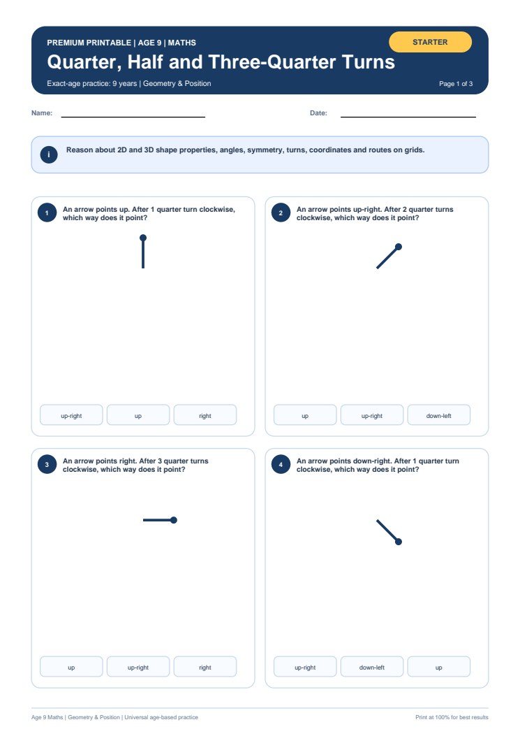 Quarter, Half and Three-Quarter Turns worksheet preview