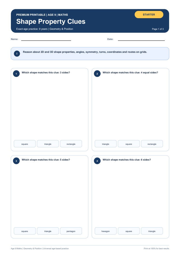 Shape Property Clues worksheet preview