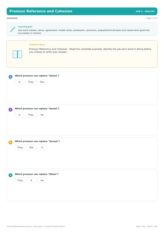 Pronoun Reference and Cohesion worksheet preview