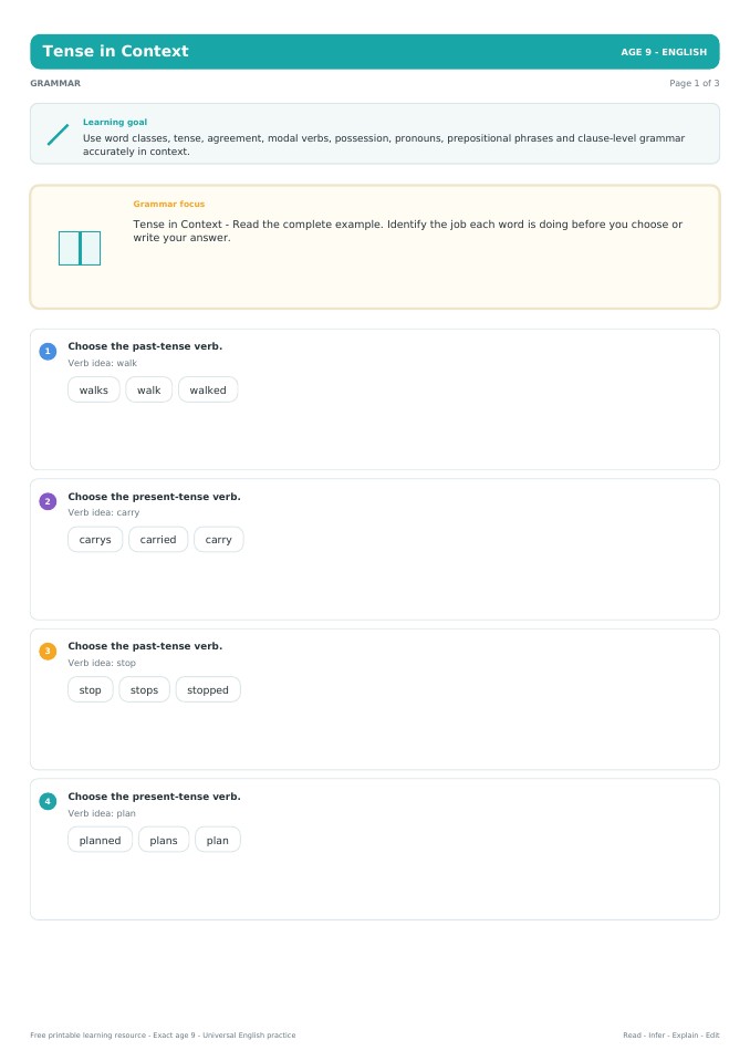 Tense in Context worksheet preview