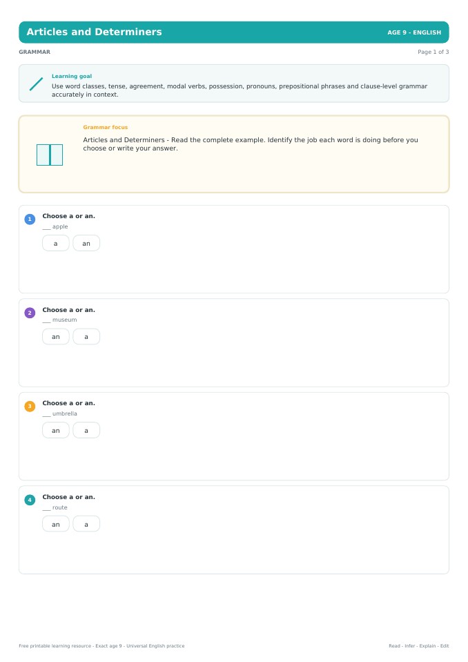 Articles and Determiners worksheet preview
