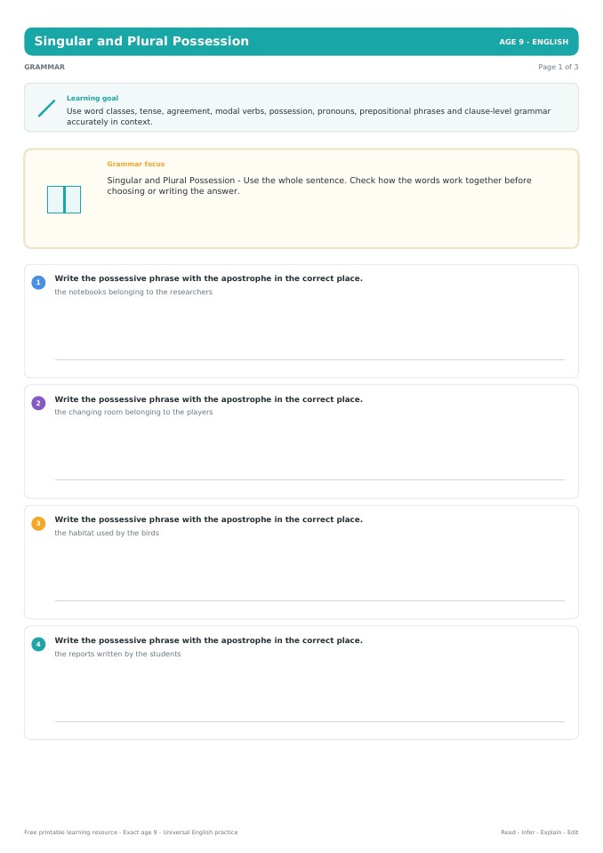 Singular and Plural Possession worksheet preview