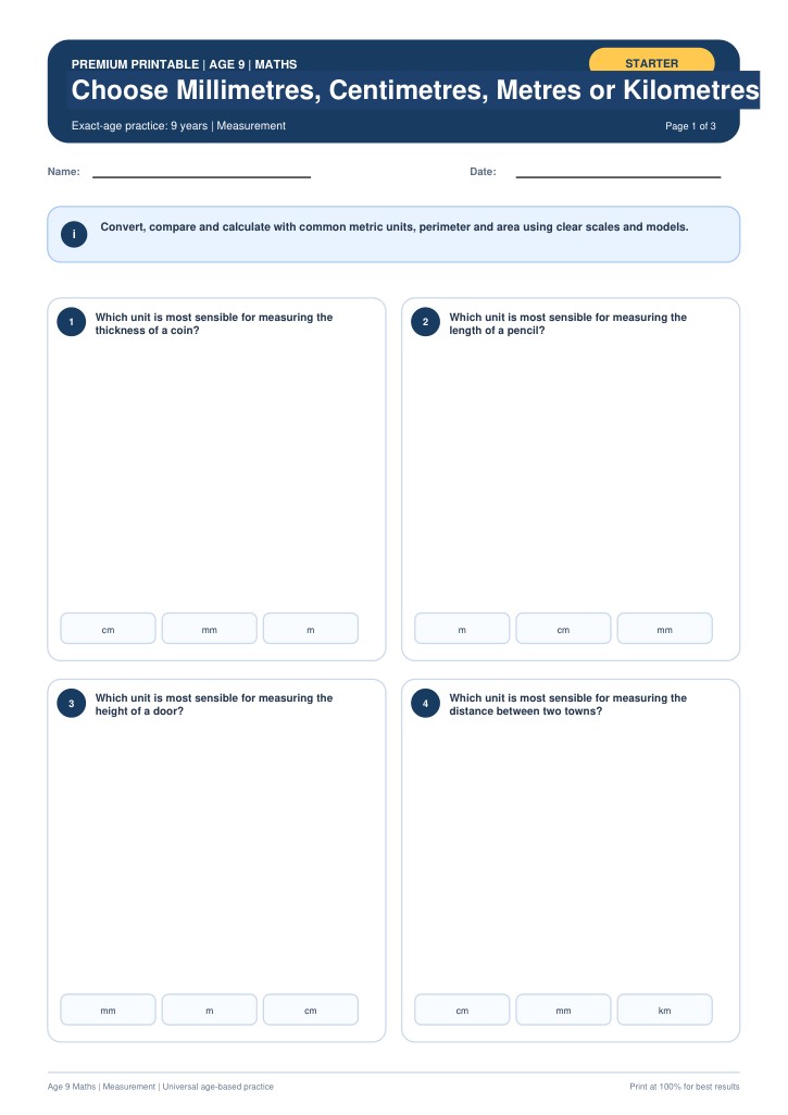 Choose Millimetres, Centimetres, Metres or Kilometres worksheet preview
