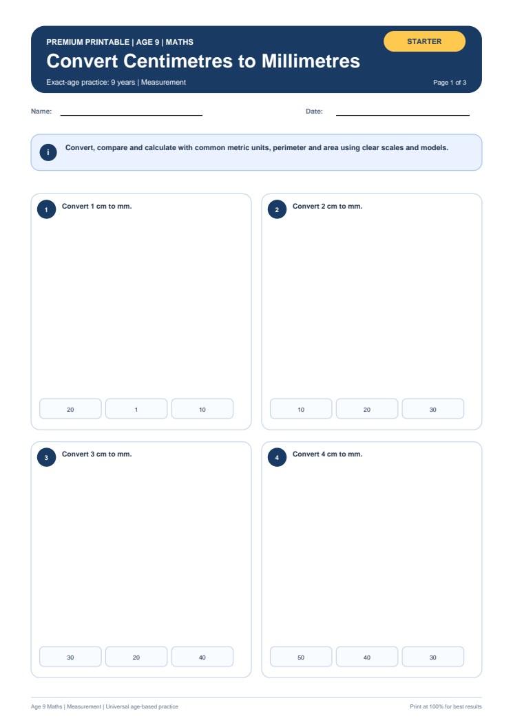 Convert Centimetres to Millimetres worksheet preview