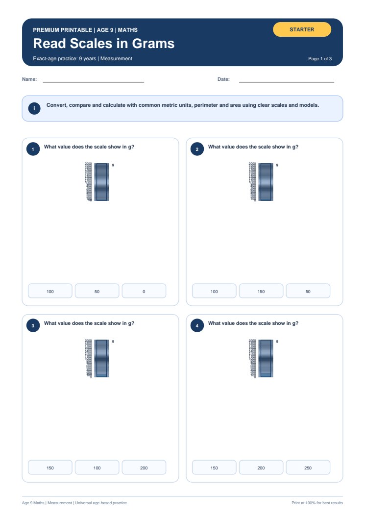 Read Scales in Grams worksheet preview