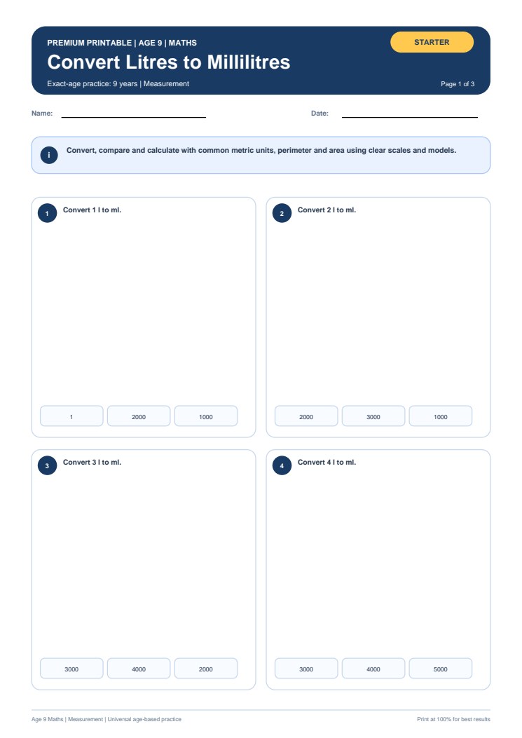 Convert Litres to Millilitres worksheet preview