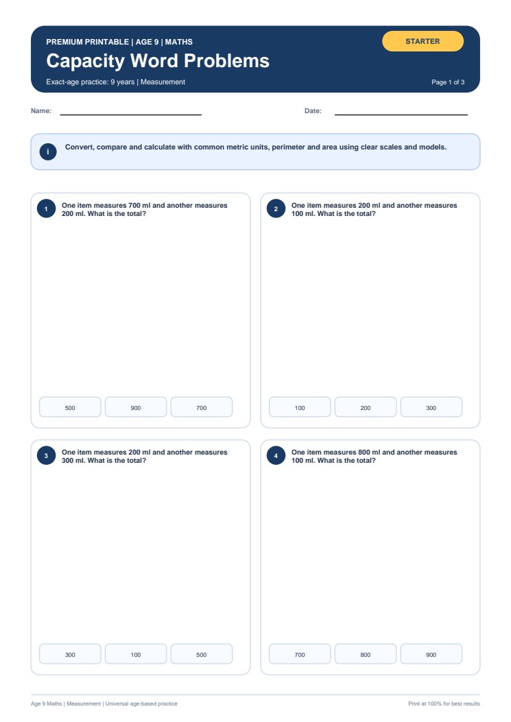 Capacity Word Problems worksheet preview