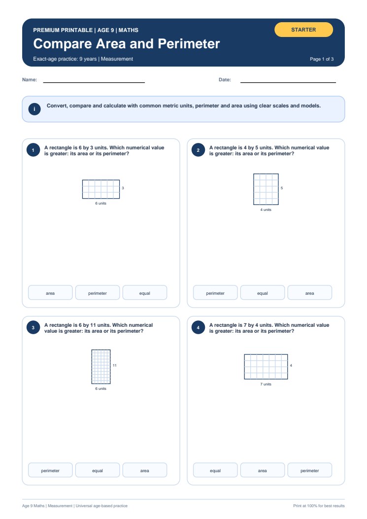 Compare Area and Perimeter worksheet preview