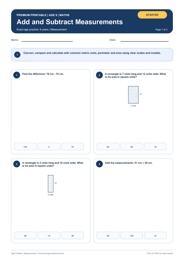 Add and Subtract Measurements worksheet preview