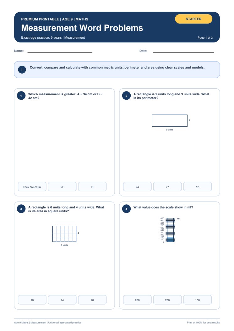 Measurement Word Problems worksheet preview
