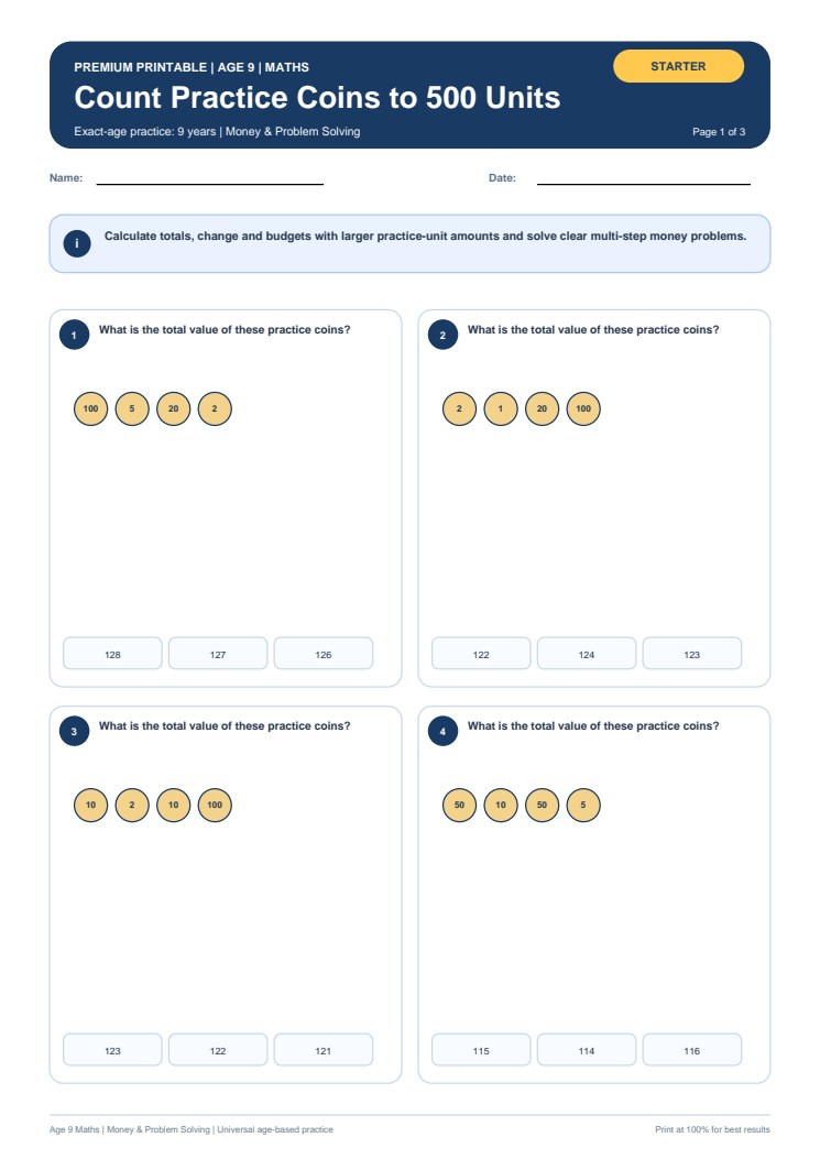 Count Practice Coins to 500 Units worksheet preview