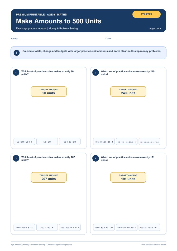 Make Amounts to 500 Units worksheet preview