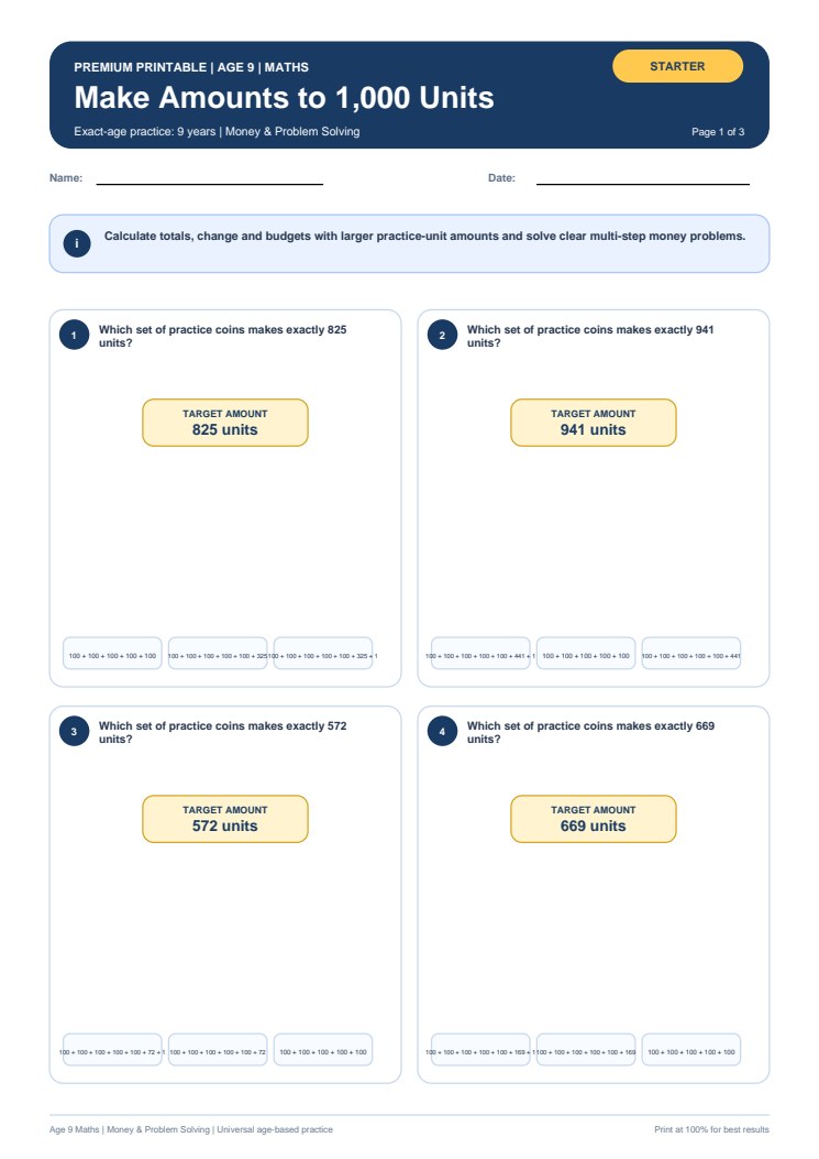 Make Amounts to 1,000 Units worksheet preview