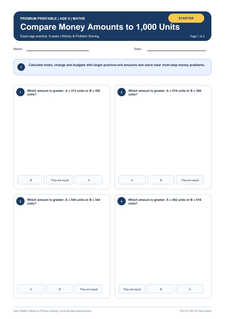 Compare Money Amounts to 1,000 Units worksheet preview