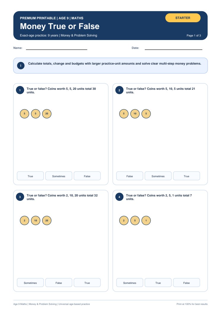 Money True or False worksheet preview