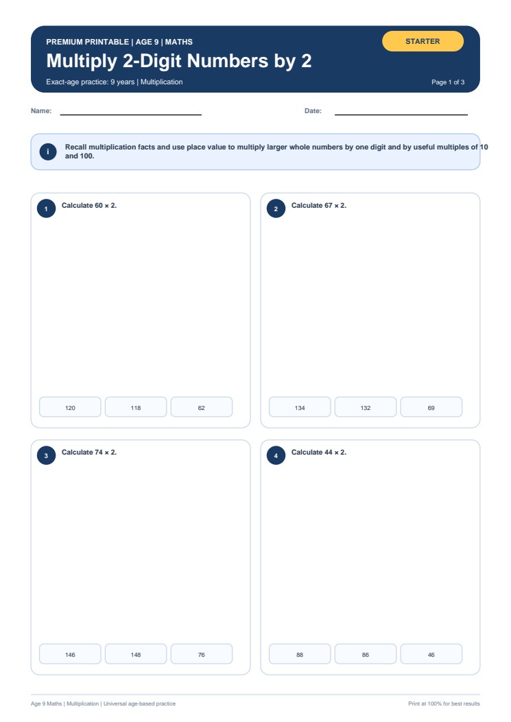 Multiply 2-Digit Numbers by 2 worksheet preview