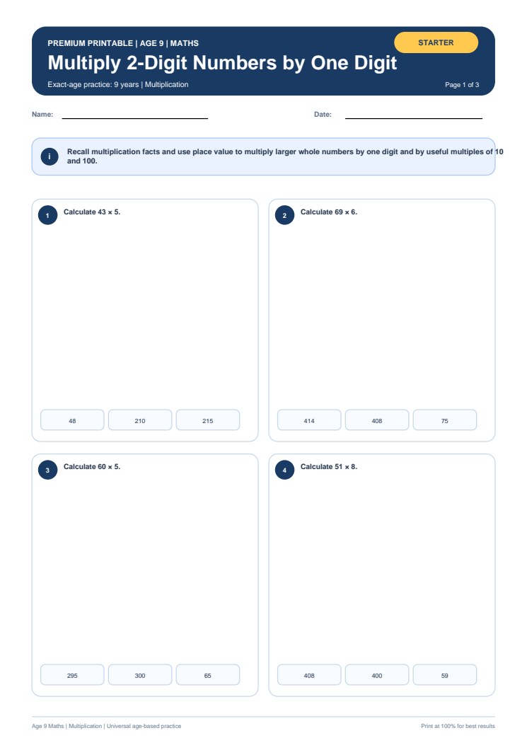 Multiply 2-Digit Numbers by One Digit worksheet preview
