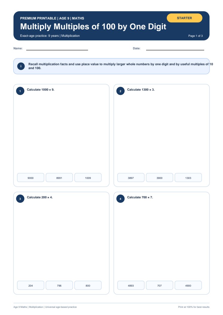 Multiply Multiples of 100 by One Digit worksheet preview