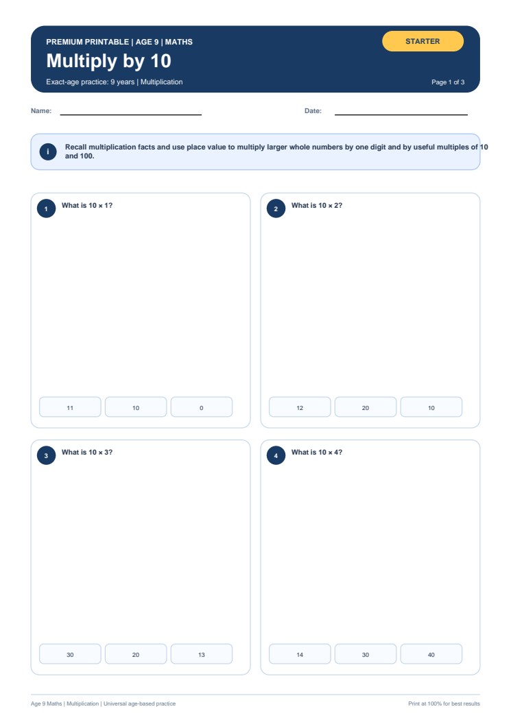Multiply by 10 worksheet preview