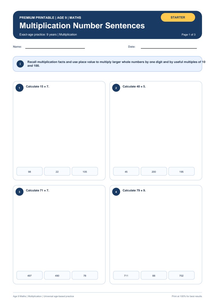 Multiplication Number Sentences worksheet preview