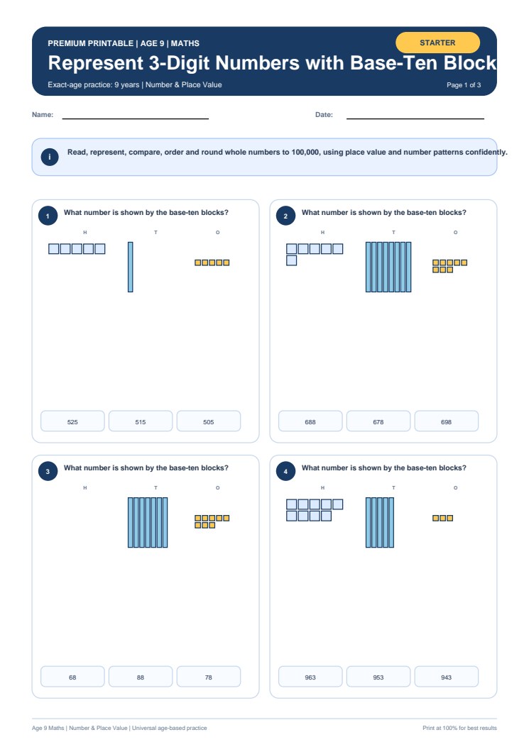 Represent 3-Digit Numbers with Base-Ten Blocks worksheet preview