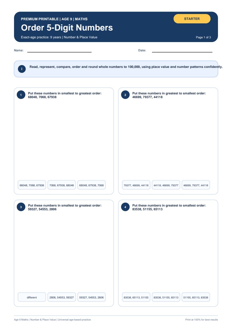 Order 5-Digit Numbers worksheet preview