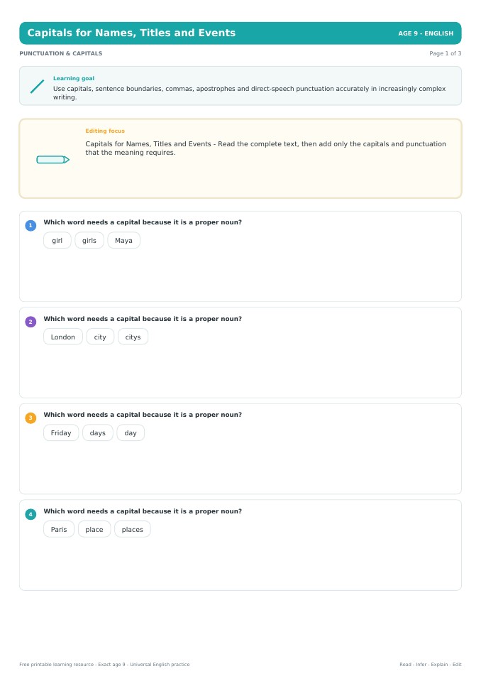 Capitals for Names, Titles and Events worksheet preview