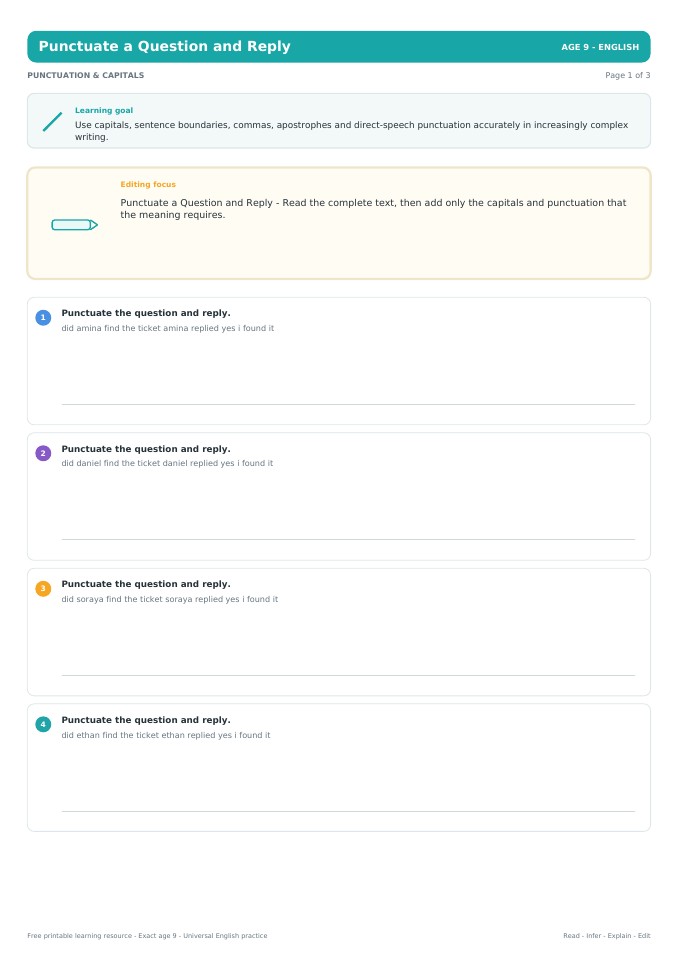 Punctuate a Question and Reply worksheet preview