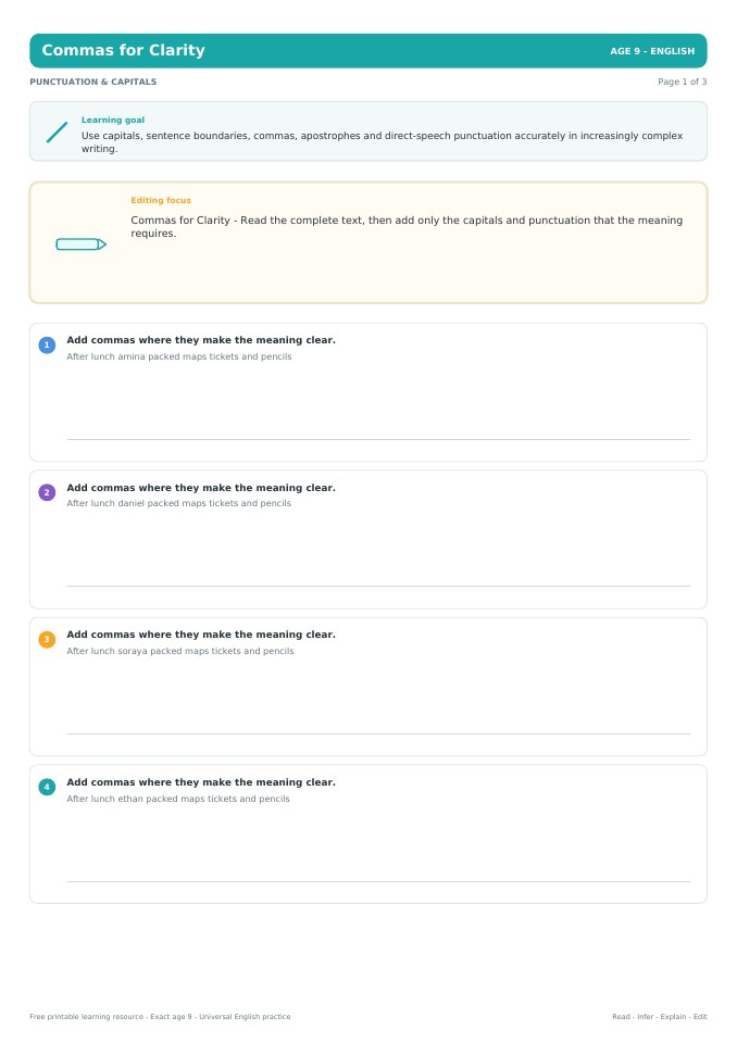 Commas for Clarity worksheet preview