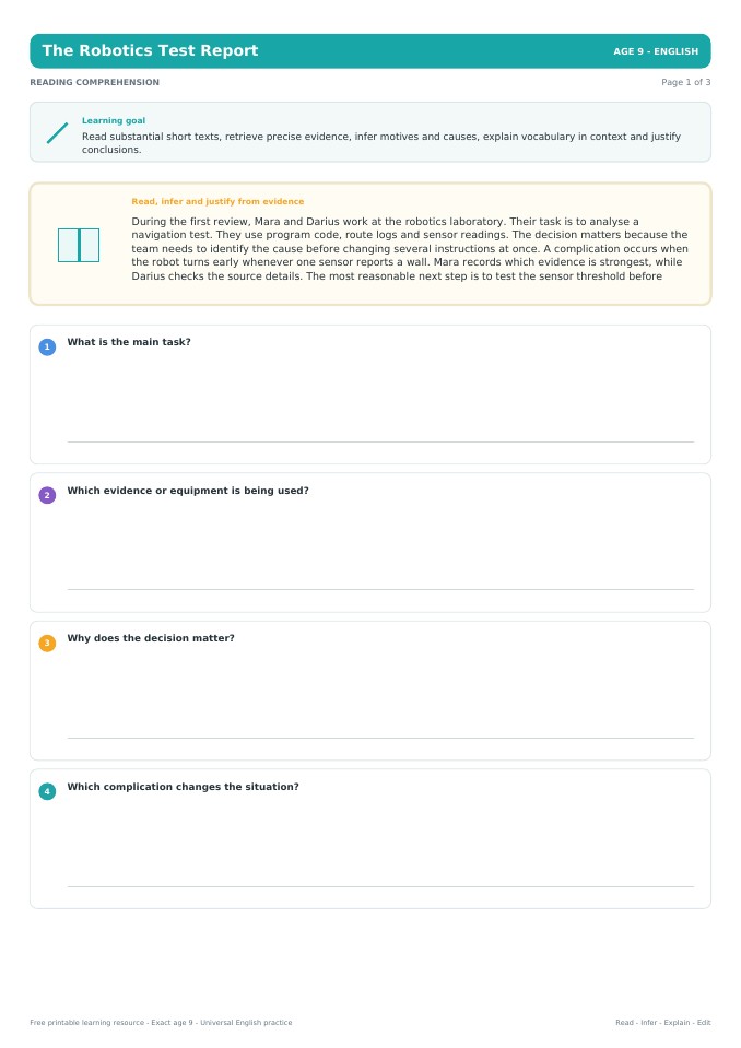 The Robotics Test Report worksheet preview