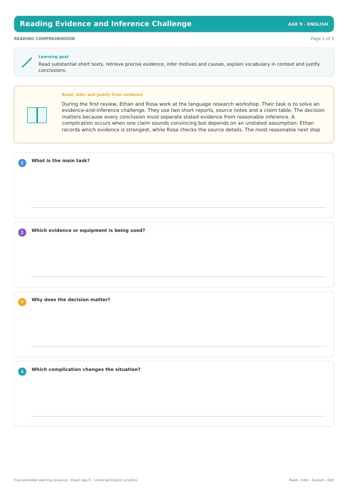 Reading Evidence and Inference Challenge worksheet preview