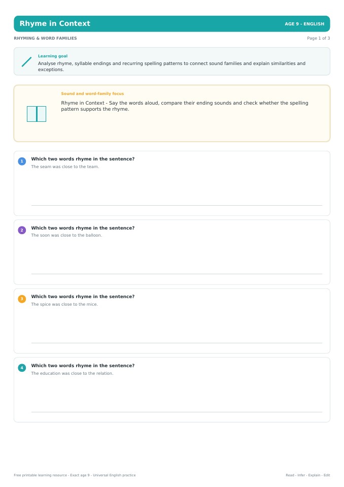 Rhyme in Context worksheet preview
