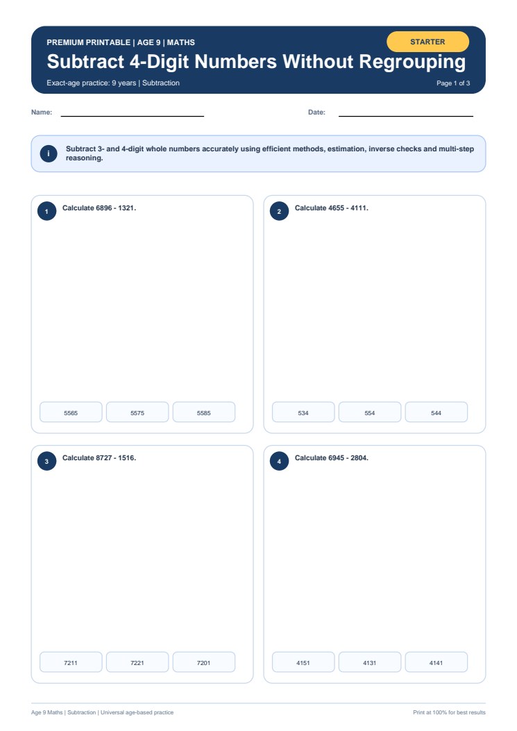 Subtract 4-Digit Numbers Without Regrouping worksheet preview