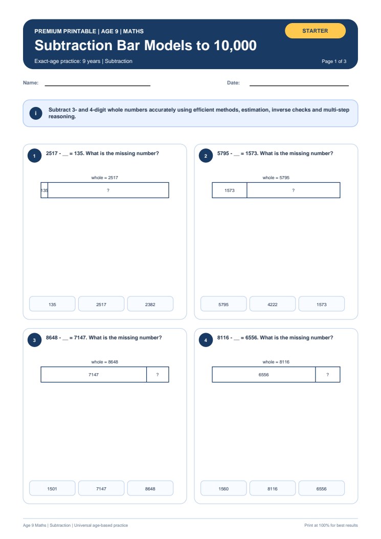Subtraction Bar Models to 10,000 worksheet preview