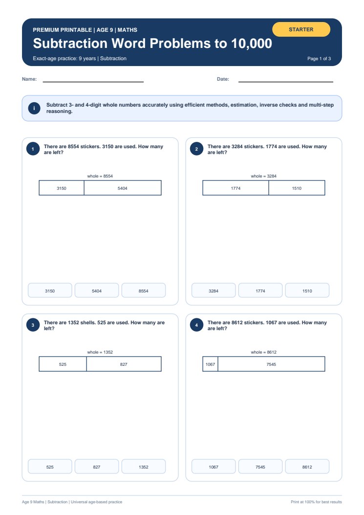 Subtraction Word Problems to 10,000 worksheet preview