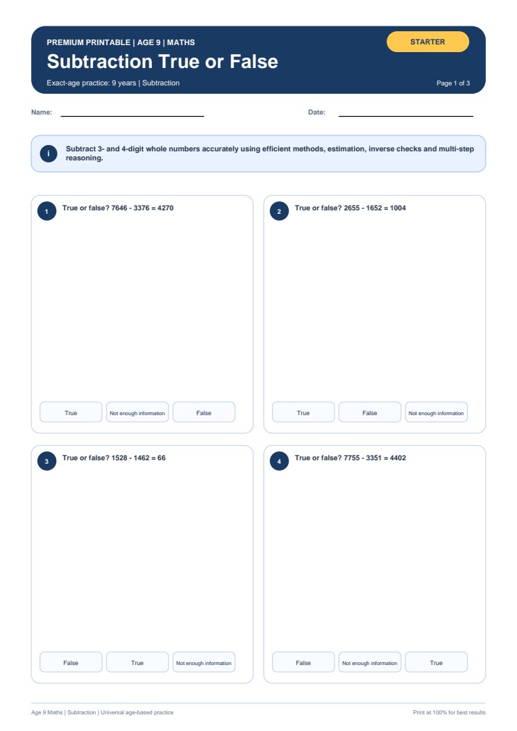 Subtraction True or False worksheet preview