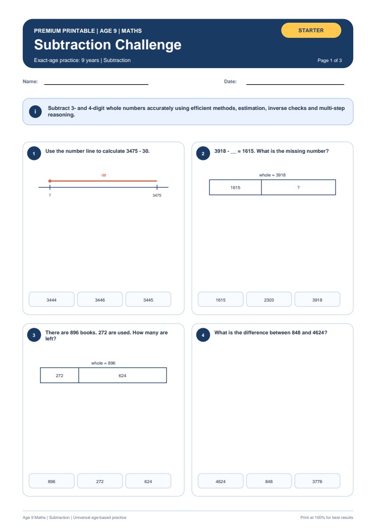 Subtraction Challenge worksheet preview