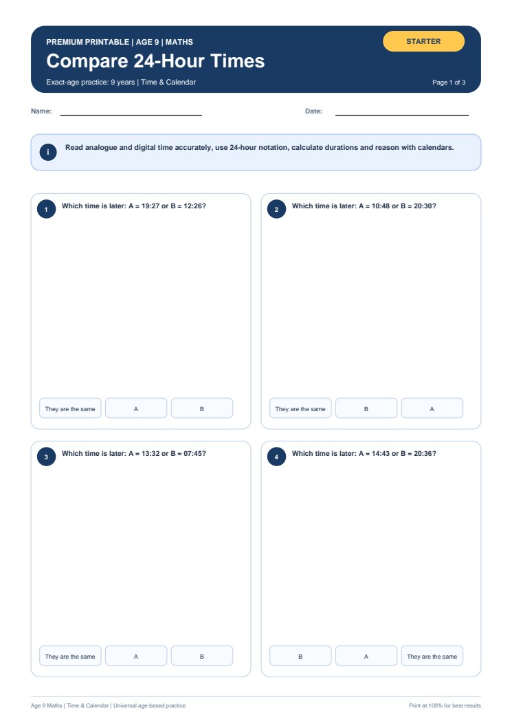 Compare 24-Hour Times worksheet preview