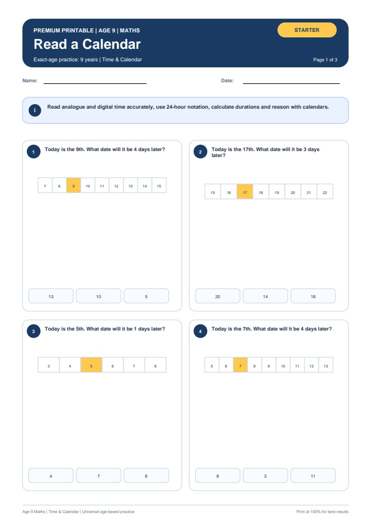 Read a Calendar worksheet preview
