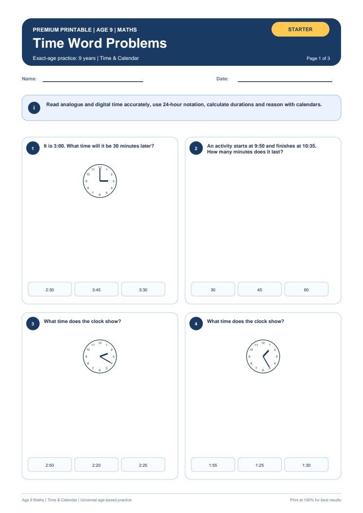 Time Word Problems worksheet preview