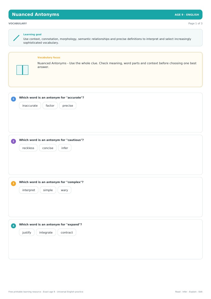 Nuanced Antonyms worksheet preview