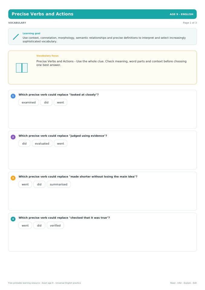 Precise Verbs and Actions worksheet preview